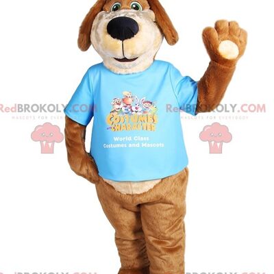 Divertente orso bruno REDBROKOLY mascotte con la sua t-shirt blu / REDBROKO_011844
