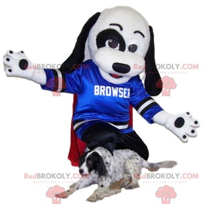 Amusante mascotte de chien marron REDBROKOLY avec son t-shirt bleu / REDBROKO_011845