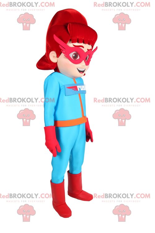 Brown fox REDBROKOLY mascot in red and white sportswear / REDBROKO_012402