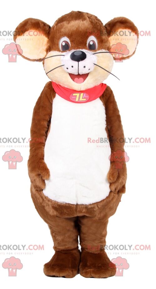 White dog REDBROKOLY mascot with brown spots. Dog costume / REDBROKO_012466