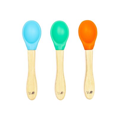 Cucharas de destete de bambú para bebés - Juego de 3 - Azul, verde y naranja