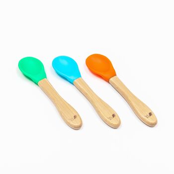 Cuillères de sevrage en bambou pour bébé - Lot de 3 - Bleu, vert et orange 2