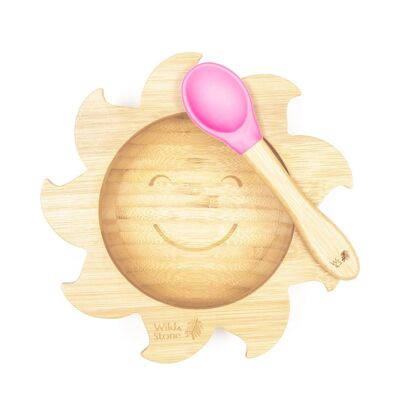Juego de cuchara y cuenco de destete de bambú para bebé - You Are My Sunshine - HotPink