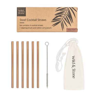 Steel Cocktail Drinking Straws - Rose Gold - 6 Pack