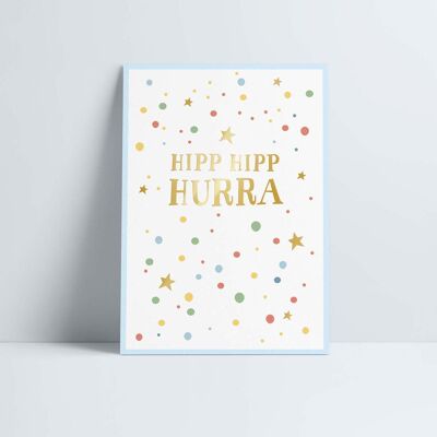 Tarjeta postal // »Hipp Hipp Hurra« coloreada con estampado dorado en caliente
