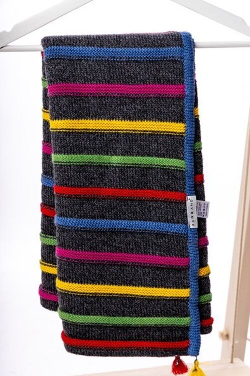 Natural warm merino BABY/kids knitted  blanket multicolor stripe Anthracite