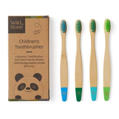 Brosse à dents en bambou pour enfants, paquet de 4, couleur aqua