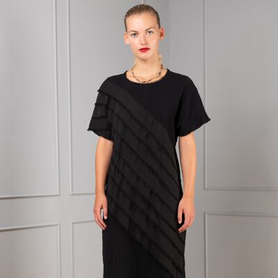 Daedalus Kleid aus schwarzer Baumwolle mit Chiffonstreifen