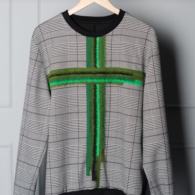 Tiamat Hahnentritt-Pullover mit grünem Chiffonkreuz
