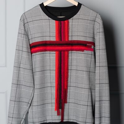 Tiamat-Pullover mit Hahnentrittmuster und Kreuz aus rotem Chiffon