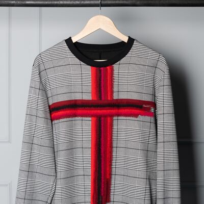 Tiamat-Pullover mit Hahnentrittmuster und Kreuz aus rotem Chiffon