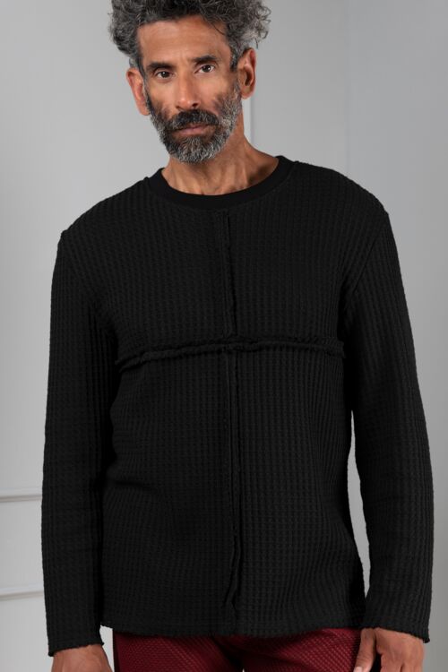 Thixo black knit sweater with raw edge cross