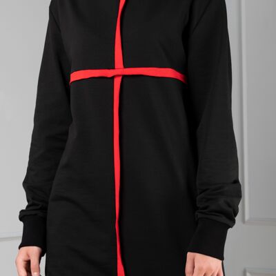 Tamusi langer schwarzer Baumwollpullover mit rotem Kreuz