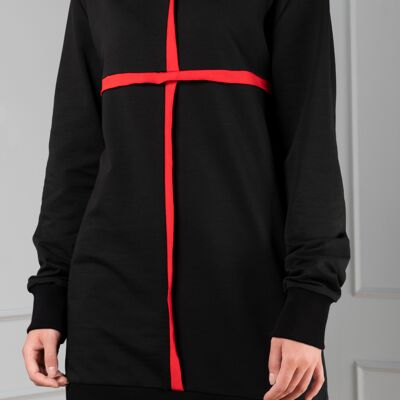 Tamusi langer schwarzer Baumwollpullover mit rotem Kreuz