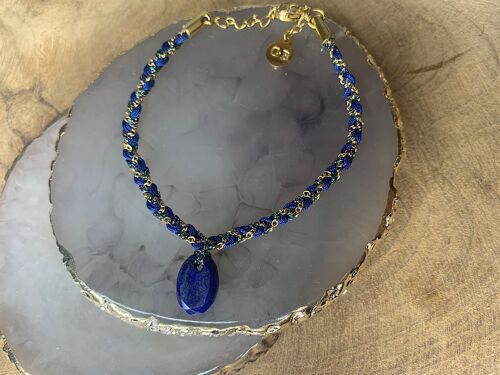 Bracelet tresse gri gri lapis lazuli acier inoxydable dore