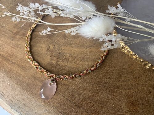 Bracelet tresse gri gri quartz rose acier inoxydable dore