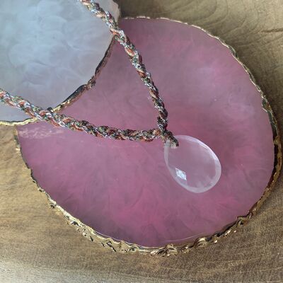 NECKLACE BRAID GRI GRI QUARTZ PINK STAINLESS STEEL