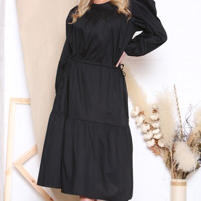 Robe longue chemise noire à manches longues bouffantes et col rond