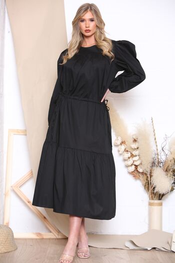 Robe longue chemise noire à manches longues bouffantes et col rond 1