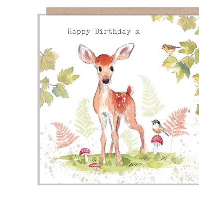 Tarjeta de cumpleaños de ciervo - Tarjeta de felicitación de calidad - Ilustración encantadora - Ciervo con pájaros - Gama 'Bucklebury Wood' - Hecho en el Reino Unido - BWE04