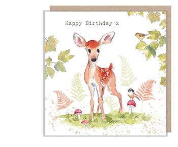 Carte d'anniversaire cerf - Carte de voeux de qualité - Illustration charmante - Cerf avec oiseaux - Gamme 'Bucklebury Wood' - Fabriqué au Royaume-Uni - BWE04