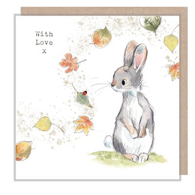 Rabbit Card - With love-  Quality Greeting Card - Charming illustration - Rabbit with leave 'Bucklebury Wood' range - Made in UK - BWE03