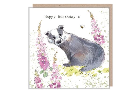 Badger Birthday Card - Quality Card - Charming illustration - Badger with Foxgloves - 'Bucklebury Wood' range - Made in UK - BWE07