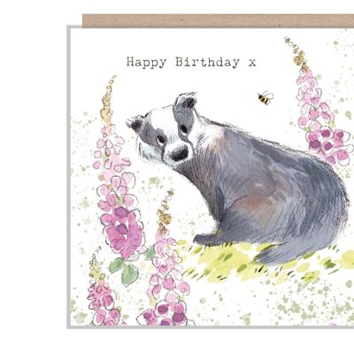 Badger Birthday Card - Quality Card - Charming illustration - Badger with Foxgloves - 'Bucklebury Wood' range - Made in UK - BWE07