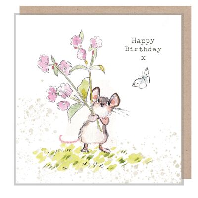Mouse Birthday Card - Charming illustration - Mouse with Flowers and Butterfly- 'Bucklebury Wood' range - Made in UK - BWE011 £3.15