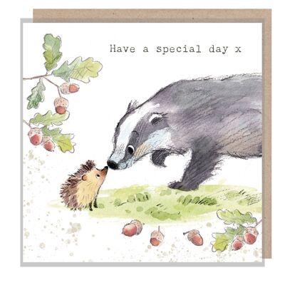 Badger Card - Avere un giorno speciale - Carta di qualità - Illustrazione affascinante di tasso e riccio - Gamma 'Bucklebury Wood' - Prodotto nel Regno Unito - BWE02