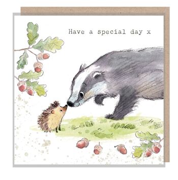 Badger Card - Have a Special Day - Quality Card - Charming Badger and Hedgehog illustration - Gamme 'Bucklebury Wood' - Made in UK - BWE02