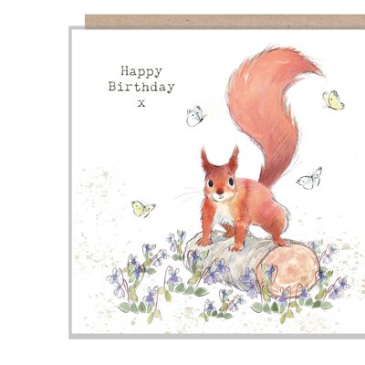 Squirrel Birthday Card - Quality Card - Charming illustration - Red Squirrel with Violets - 'Bucklebury Wood' range - Made in UK - BWE05