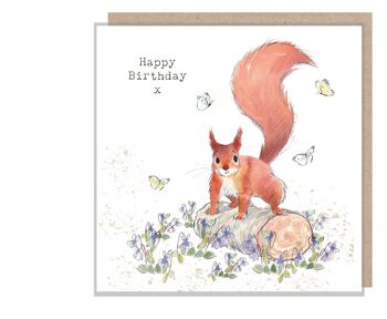 Carte d'anniversaire écureuil - Carte de qualité - Illustration charmante - Écureuil roux aux violettes - Gamme 'Bucklebury Wood' - Fabriquée au Royaume-Uni - BWE05