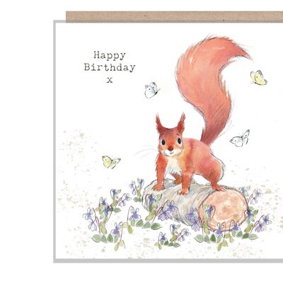 Eichhörnchen-Geburtstagskarte – hochwertige Karte – bezaubernde Illustration – rotes Eichhörnchen mit Veilchen – „Bucklebury Wood“-Reihe – hergestellt in Großbritannien – BWE05