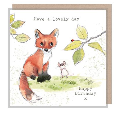 Tarjeta de cumpleaños de zorro - Que tengas un día encantador - Tarjeta de calidad - Ilustración encantadora - Zorro, ratón y mariquita - Gama 'Bucklebury Wood' - Hecho en el Reino Unido - BWE010