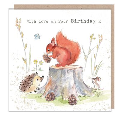 Tarjeta de cumpleaños de ardilla - Ilustración encantadora - Ardilla roja y erizo - Gama 'Bucklebury Wood' - Hecho en el Reino Unido - BWE012