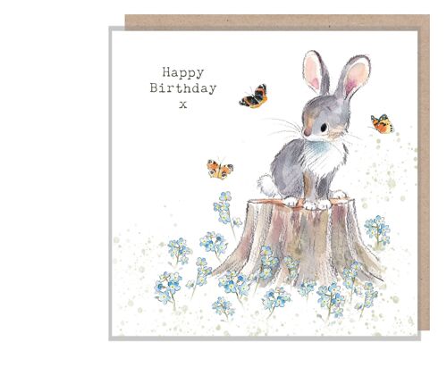 Rabbit Birthday Card - Charming illustration - Rabbit with Butterflies and forget me knots - 'Bucklebury Wood' range - Made in UK - BWE08