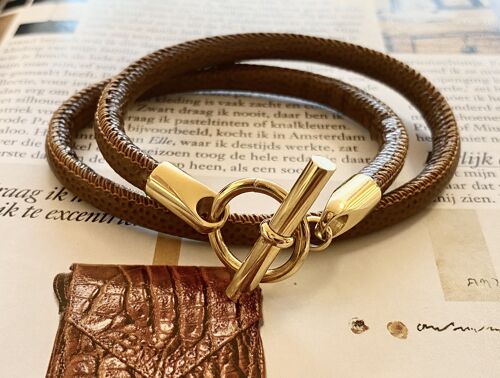 Bracelet leather brown Hermes style gold