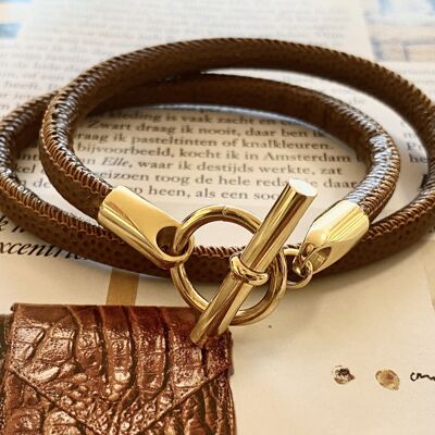 Pulsera cuero marrón estilo Hermes oro