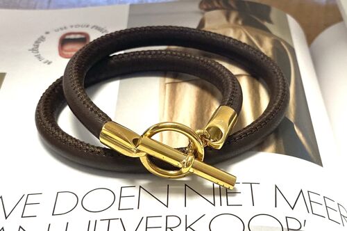 Bracelet leather darkbrown Hermes style gold