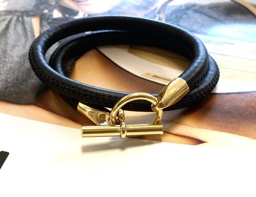 Bracelet leather black Hermes style gold