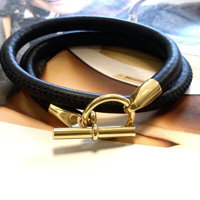 Pulsera cuero negro estilo Hermes oro