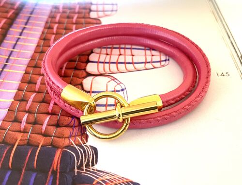 Bracelet leather pink Hermes style gold
