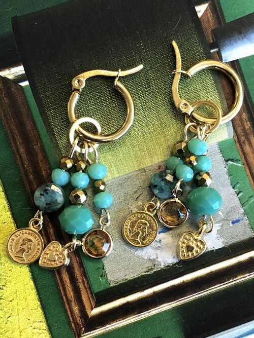 Earrings sea green facet bead with golden charms