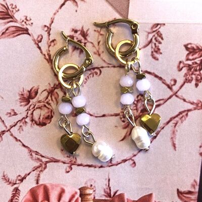 Earrings pink facet bead pearl and golden charms
