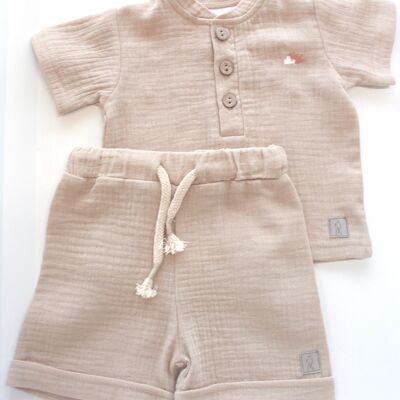 Muslin organic cotton  SET SHORT PANT WITH SHORT SLEEVE SHIRT SAND