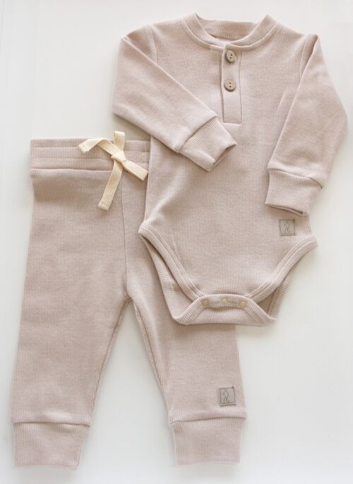 Ribbed organic cotton SET BABY TROUSERS WITH LONG SLEEVE BODYSUIT GREIGE