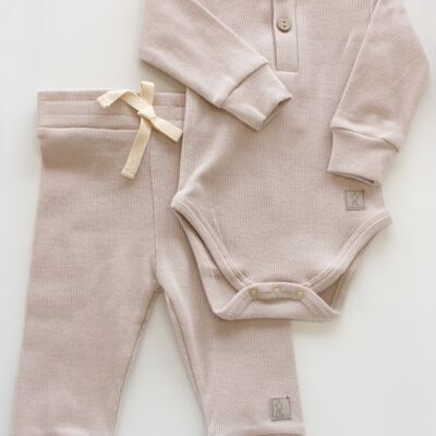 Ribbed organic cotton SET BABY TROUSERS WITH LONG SLEEVE BODYSUIT GREIGE