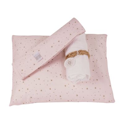 Parure de draps 3 pièces (Haut + housse pour matelas + taie d'oreiller) pour berceau YOU & ME - PINK HEARTS