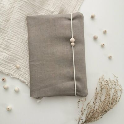 Maternity passport cover taupe linen fabric - wooden bead natural round